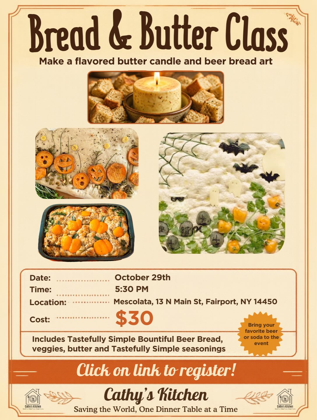 The time is NOW to register for this unique experience! 
🍞Make Bread Art to bake and enjoy! 
🧈Make a Butter Candle that melts and becomes an instant dipping oil! 

Registration closes SATURDAY at NOON! 

@shopmescolata